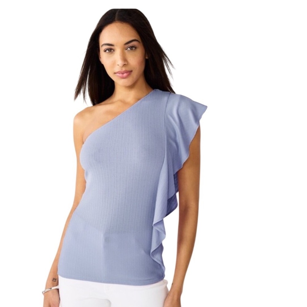 Nine West Womens One Shoulder Ruffle Top Kelly Lavender Ribbed Medium NEW